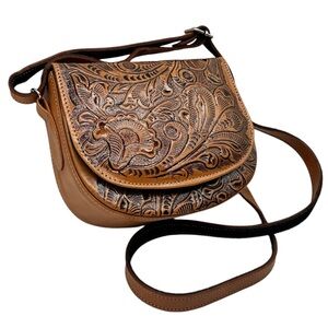 Women’s Hand Made Tooled Floral Yellow Light Brown Leather Crossbody Bag